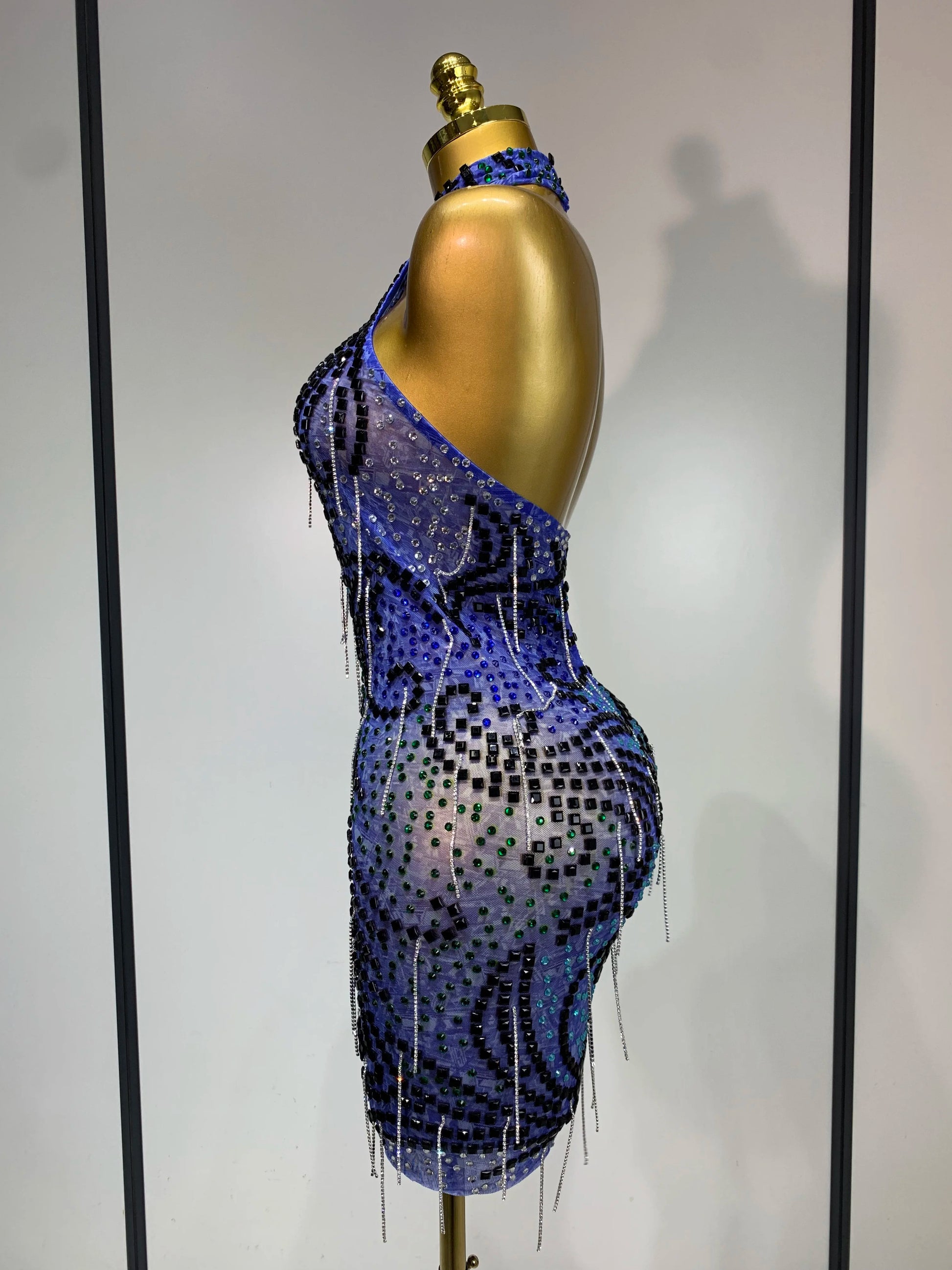Sexy Sparkly Rhinestones Chains Blue Mesh Mini Dress 2025 New Women Party Celebrate Birthday Dresses Photo Shoot Stage Outfit