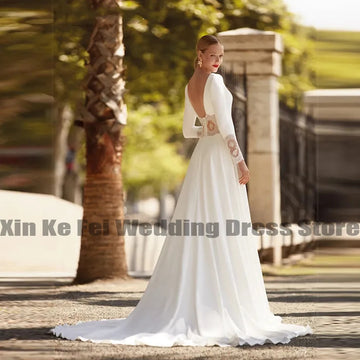 Gorgeous Women's Sexy V-Neck Bridal Dresses Long Sleeve Lace Applique Chiffon Open Back Wedding Welcome Guest Gowns Vestido
