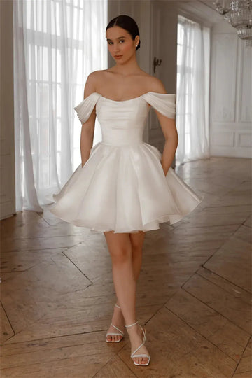 Bella White Satin Mini robes de soirée Off the Shoulder A-line Prom Dresses Elegant Lace-up Back Short Wedding Dress As Picture