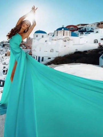 Float Long Train Vestido De Novia Sexy One Shoulder Prom Gown High Split Prom Dress Sexy Deep V-neck Green
