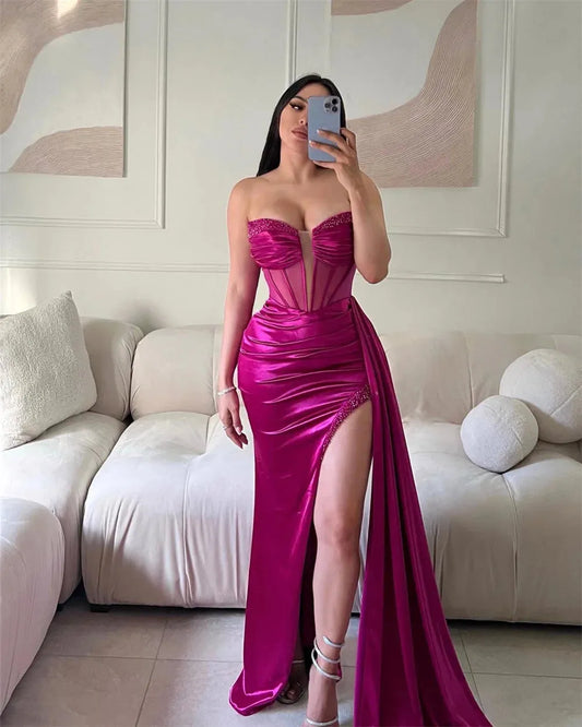 Elegant Beading On Chest Evening Dress Sexy Side Split Trumpet Party Dress Fuchsia Sequins