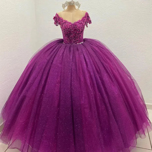 Glittering Crystal Floral Quinceanera Dresses Vestidos De 15 Anos 3D Flowers Lace Applique Princess Birthday Gowns As Picture