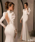 Spring White Wedding Dresses Arab High Neck Long Sleeves Lace Back Buttons Mermaid Satin Bridal Gown Party Dress As Picture