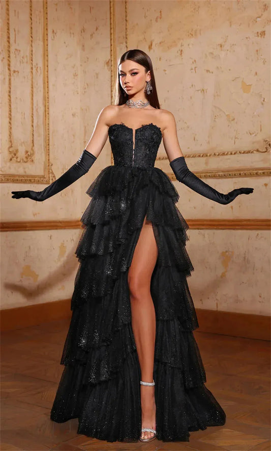 Black Tulle Prom Dresses Strapless V-neck A-line Wedding Dress Elegant Sleeveless Sexy Side Split Vestidos De Fiesta