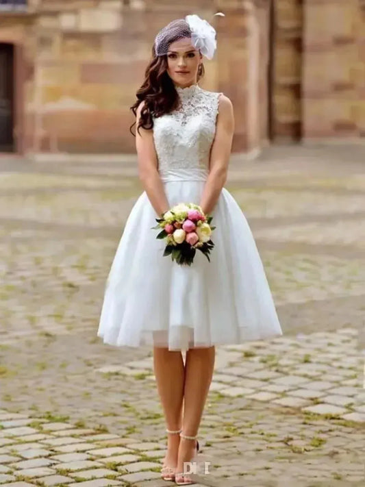 Vintage Lace Short Wedding Dresses Boho Knee-Length A-Line Bridal Gowns High Neck Backless Sleeveless Vestido De Noiva Robe As Picture