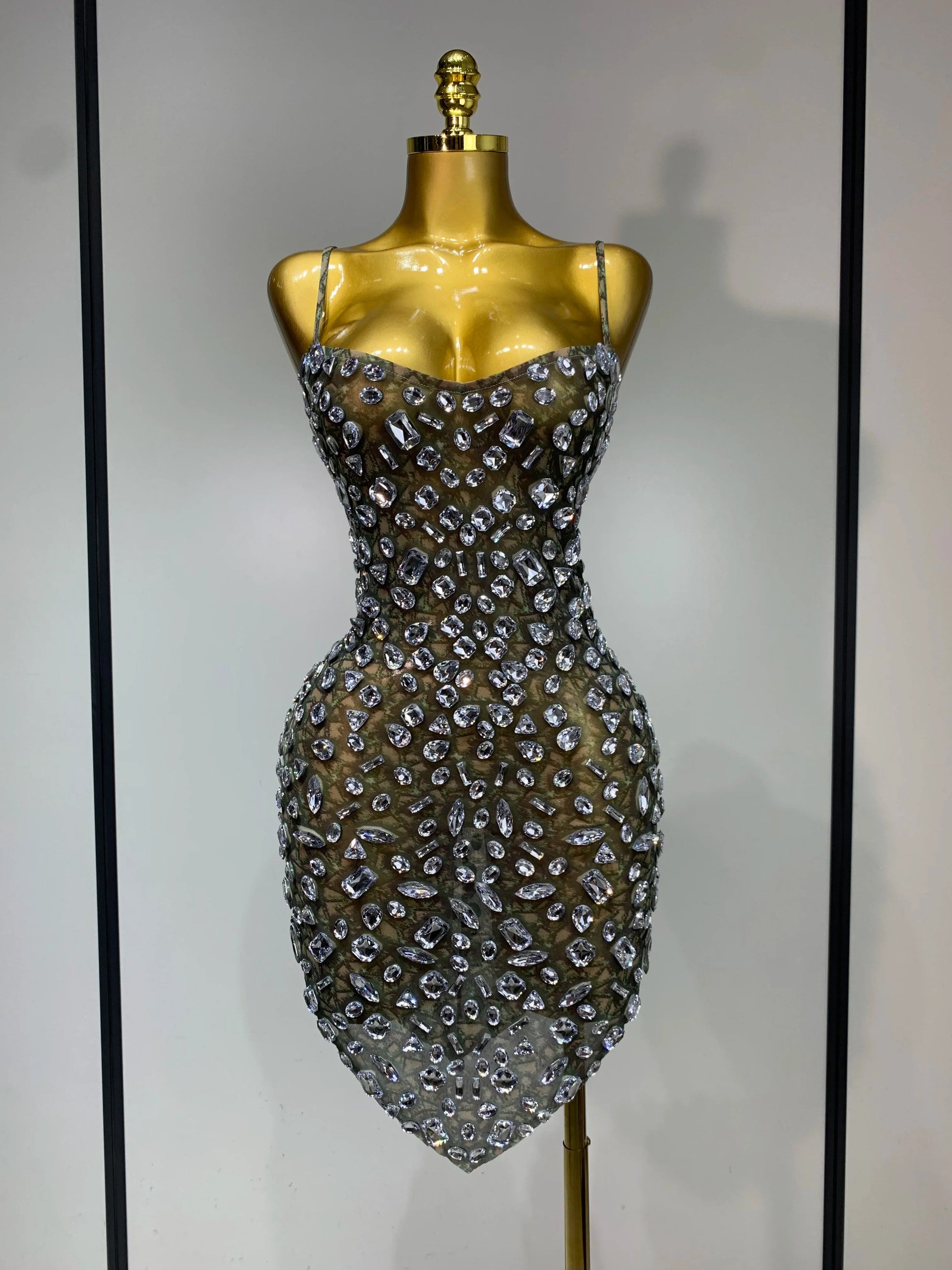 Luxury Diamond Mesh See Through Stretch Bodycon Dress Women Sexy Sleeveless Evening Party Birthday Celebrate Perform Costume Dark Green