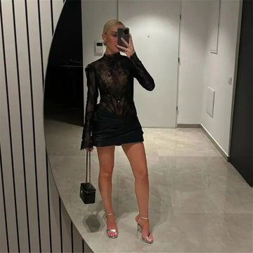 Sexy Black Lace Prom Dress Mermaid High Neck Pleated Long Sleeves Above Knee Evening Dress vestido de gala Black