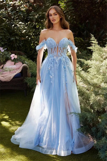 Sansa 3D Flower Lace A-line Prom Dress Elegant Heart Neck Tulle Vestidos De Noche Fruit Color Side Split Wedding Dress Blue