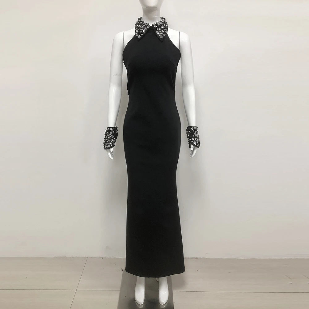 Elegant Black Sexy Off Shoulder Diamond Bead Tight Maxi Long Bandage Dress Women'S Celebrity Evening Runway Party Gowns black