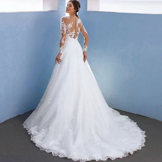 Elegant A-Line Wedding Dresses For Women Long Lace Sleeves With Appliques Bridal Gown Illusion Tulle vestidos de novia