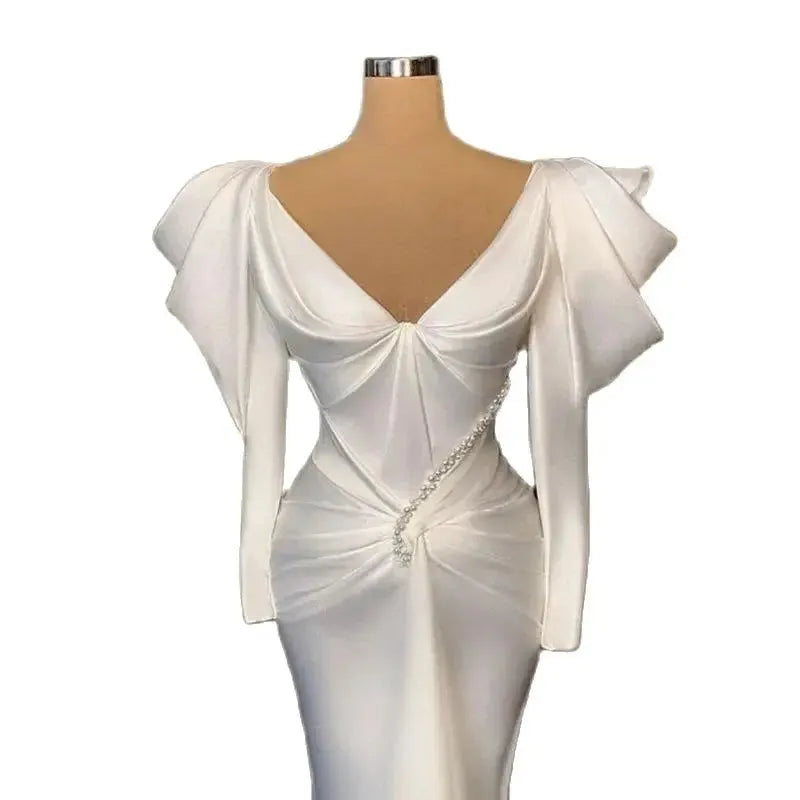 White Prom Dress Long Sleeve Ruffles Pleat Satin Floor Length Tailor-Made Special Event Formal Occasion Women Evening Gown