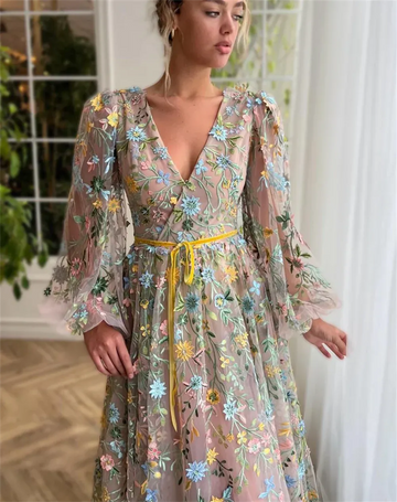 Spirit Flower Lace Vestidos De Noche Princess Puffy Sleeve A-line Sweet V-neck Spring Prom Dresses
