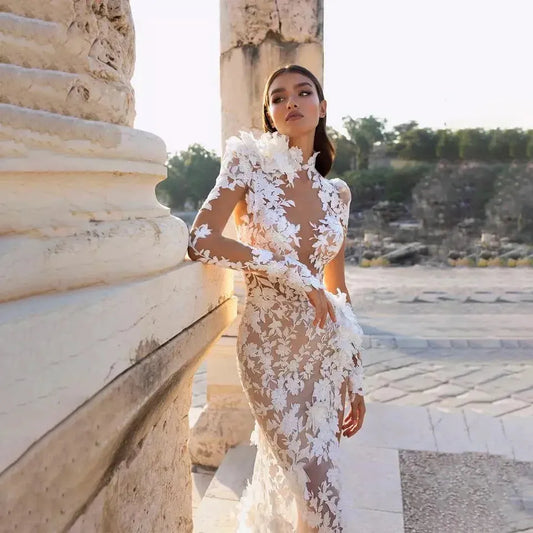 Robe De Mariee Sexy Mermaid Wedding Dress High Collar Side Slit Lace Appliques Long Sleeve Sweep Train Boho Bridal Gown