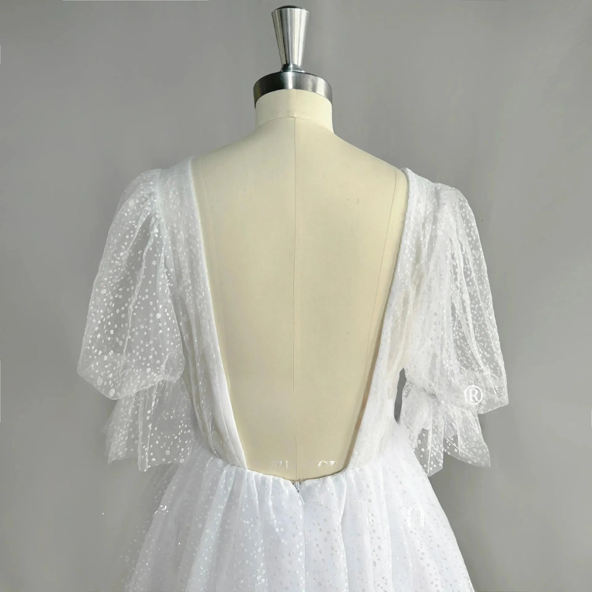 Puff Sleeves Sparkly Tulle Mini Short Wedding Dress V Neck Backless Above Knee Shiny Bridal Gown