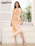 2025 Elegant Women's Feather Patchwork Design Dress O-neck Sleeveless Bodycon Color blocked Midi Dresses Evening Party Vestidos