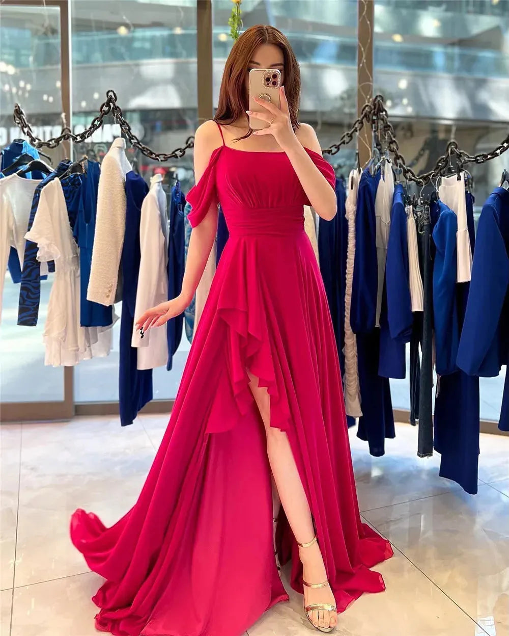 Elegant Chiffon Evening Dresses Spaghetti Strap Off The Shoulder Pleat Ruched Middle Slit Prom Dresses for women Red