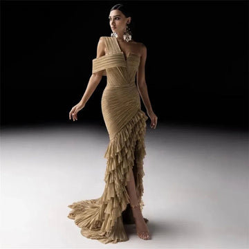 Mermaid Tulle Prom Dresses One Shoulder Pleated Side Slit Tiered Evening Gown Formal Women Occasion Party Dresses