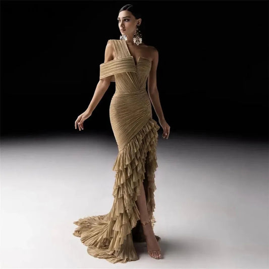 Mermaid Tulle Prom Dresses One Shoulder Pleated Side Slit Tiered Evening Gown Formal Women Occasion Party Dresses