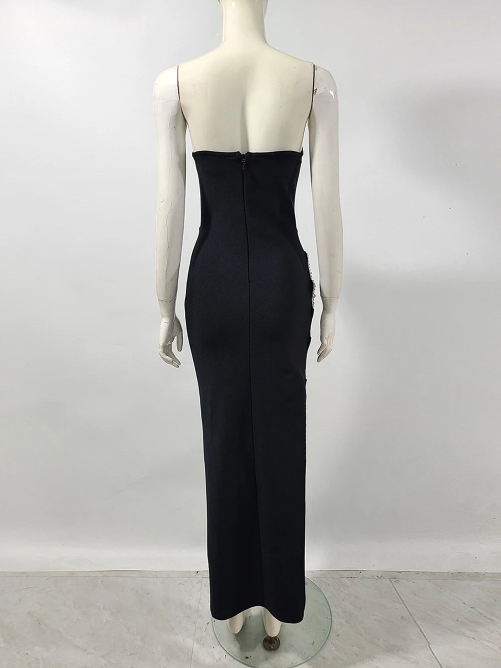 Women Black Strapless Pearl Bead Bandage Bodycon Maxi Dress 2025 Elegant Evening Party Gowns Vestido
