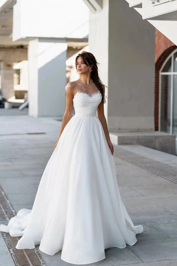 Vintage Pearl Neck Wedding Dresses Simple Pleat Robe Elegant Satin Off Shoulder A-Line Bridal Gowns Sleeveless Bride Dresss As Picture