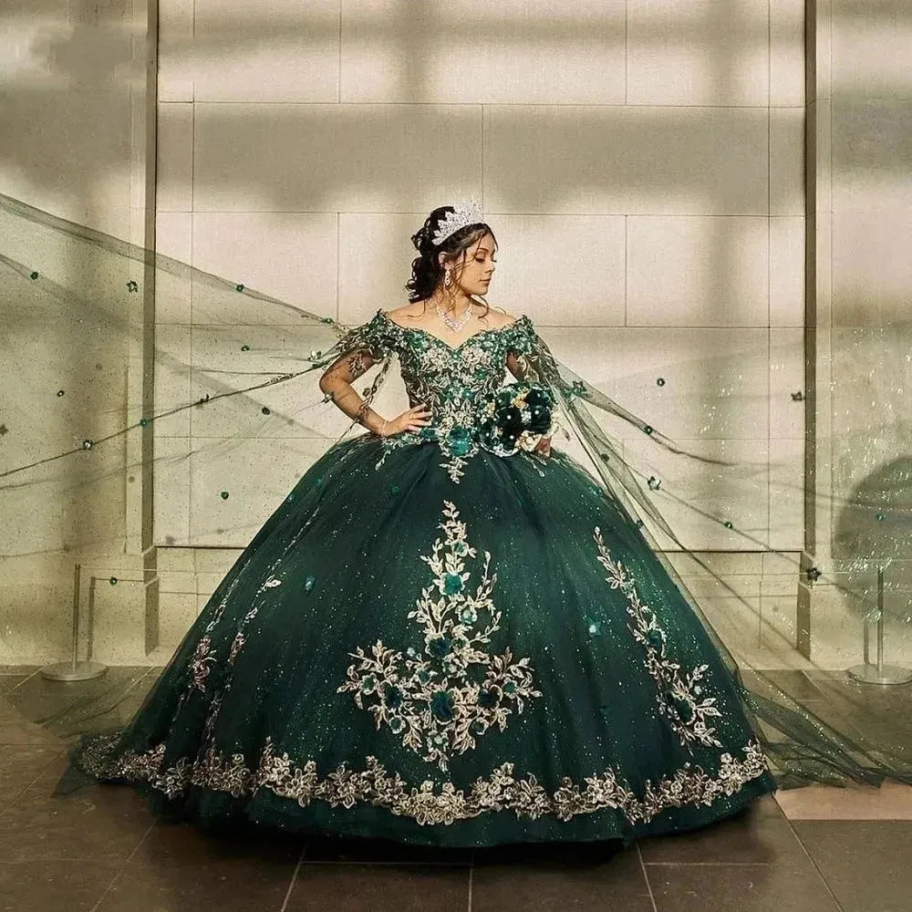 Glittering Emerald Green Quinceanera Dresses Gold Lace 3D Flower Vesti