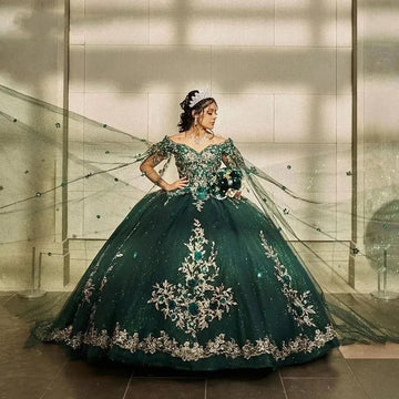Glittering Emerald Green Quinceanera Dresses Gold Lace 3D Flower Vestidos De 15 Anos Formal Princess Birthday Party Green