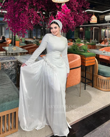 Elegant White Long Wedding Evening Dresses Muslim Long Sleeves Dubai Guest Party Dresses Customized Saudi Bridal Prom Gowns