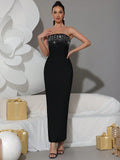 2025 Sexy Women'S Light Luxury Rhinestone Bandage Dress Strapless Sleeveless Bodycon Backless Black Long Dresses Party Vestidos