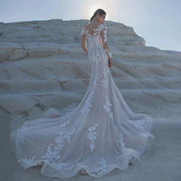 Long Sleeves Glitter Lace Mermaid Vestidos De Novia Sexy Scoop Neck Wedding Dresses Appliques Vestido De Noiva