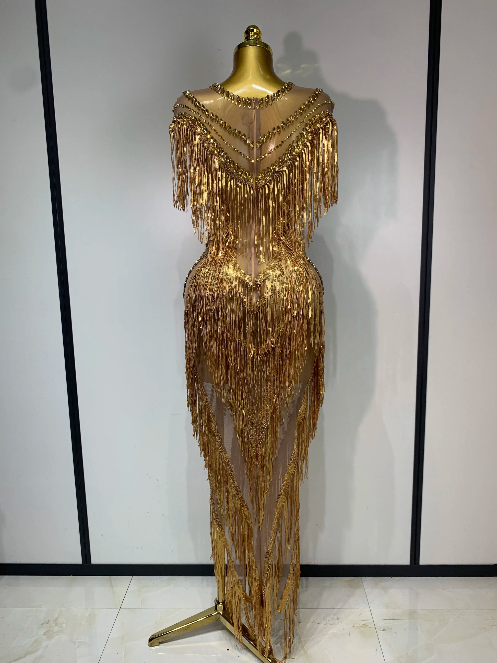 Luxury Sparkly Diamonds Tassels Sexy Mesh See Through Dress Women Evening Birthday Party Nightclub Bar Singer Stage Costumes