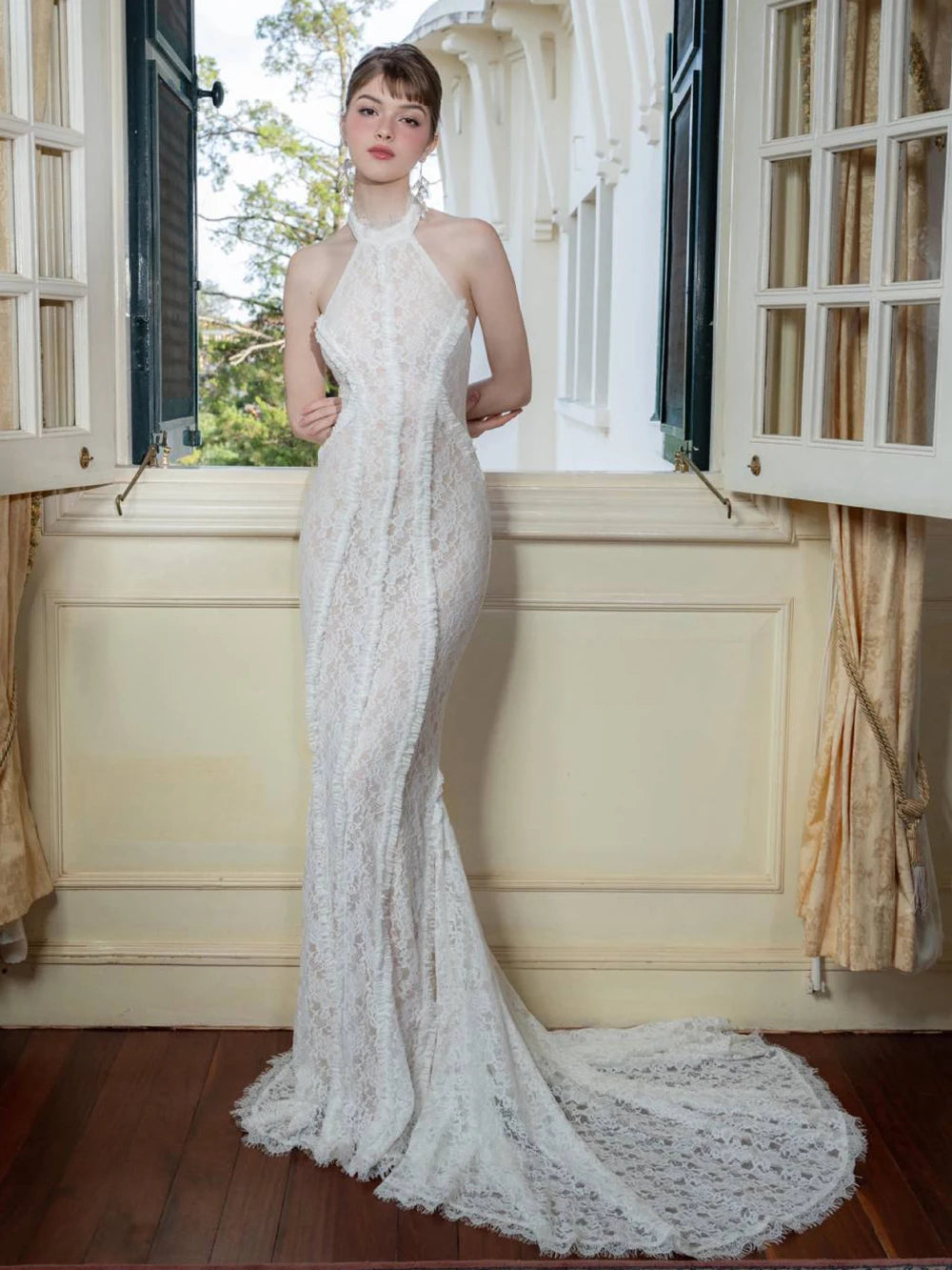 Elegant Women's white lace Slim Long Dress Halter Backless Sleeveless Maxi Dresses Lady Evening Wedding Party Gowns