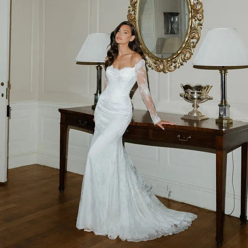 Women Mermaid Wedding Dresses Off The Shoulder Long Sleeve Lace Bride Dress Boho Beach Wedding Prom Gowns Custom Size Ivory