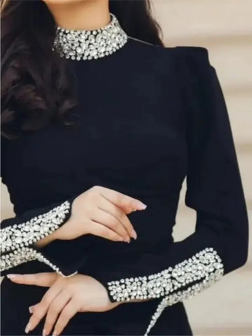 Red Black Color Women Long Sleeve Shinning Crystal Bodycon Long Bandage Dress Elegant Celebrate Evening Party Cocktail Dress