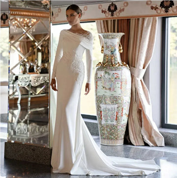 Beautiful Dress O-Neck White Wedding Dress Lace Applqies Long Sleeves Mermaid Satin Bridal Dress Wedding Party Evening Dress White