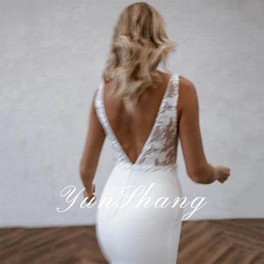 Yunshang Elegant Mermaid Wedding Dresses Square Collar Spaghetti Straps Lace Open Back Bridal Gown Sweep Train Vestidos De Novia