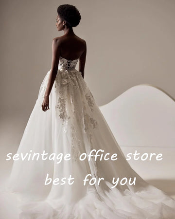 Sevintage Boho Wedding Dresses Lace Appliques 3D Flowers Sleeveless A-Line Princess Wedding Gown Beach vestido de noiva