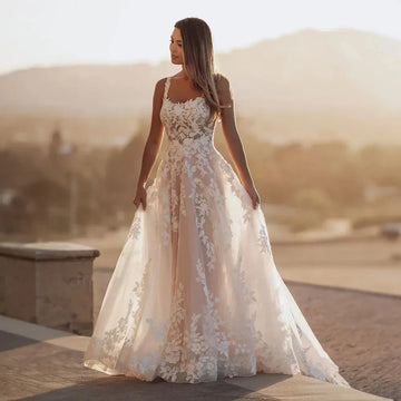 Gorgeous Wedding Dresses For Woman Square Neck Appliques Open Back Tulle Lace Charming Bridal Gowns Vestidos De Novia As Picture