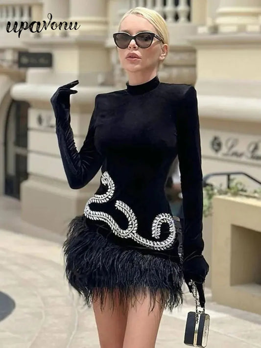 Autumn Elegant Dress Women's Party Dress High Neck Long Sleeve Gloves Luxury Crystal Design Velvet Mini Feather Dresses Vestido