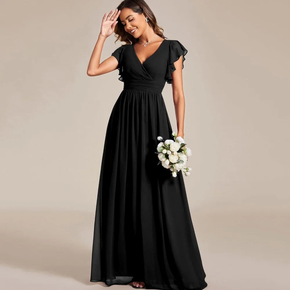 Customized Mother of Dresses A Line Elegant V Neck Bride Party Dress Short Sleeve Chiffon Evening Gowns robes invitée mariage black