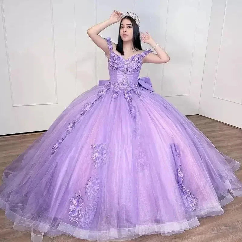 Ball Gown Quinceanera Dresses Big Bow 3D Flower Appliques Cinderella 16 Princess Gowns Vestidos De 15 Anos Purple