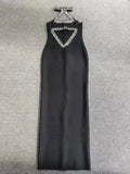 2025 Sexy Women'S Light Luxury Nail Bead Hollow Out Long Dress Hanging Neck Sleeveless Bodycon Backless Dress Club Party Vestido