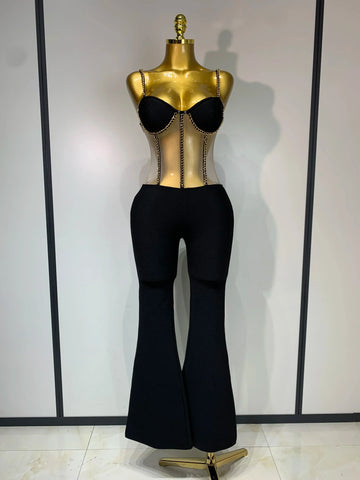 Women Luxury Sexy Sleeveless Mesh Chain Black Bodycon Bandage Jumpsuit Fashion Party Celebrity Designer High Street Rompers black