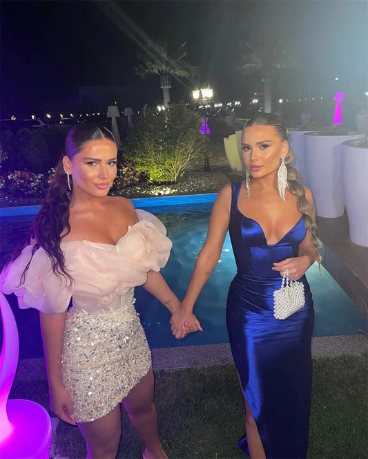 Bella Pink Shiny Sequins Mini Party Dresses Elegant A-line Off Shoulder Evening Dress Heart Neck Fishbone vestidos de fiesta As Picture