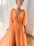 Orange Tulle Prom Dresses V-neck A-line Wedding Dress Elegant Half Sleeves Floor-Length Side High Split Vestidos De Fiesta
