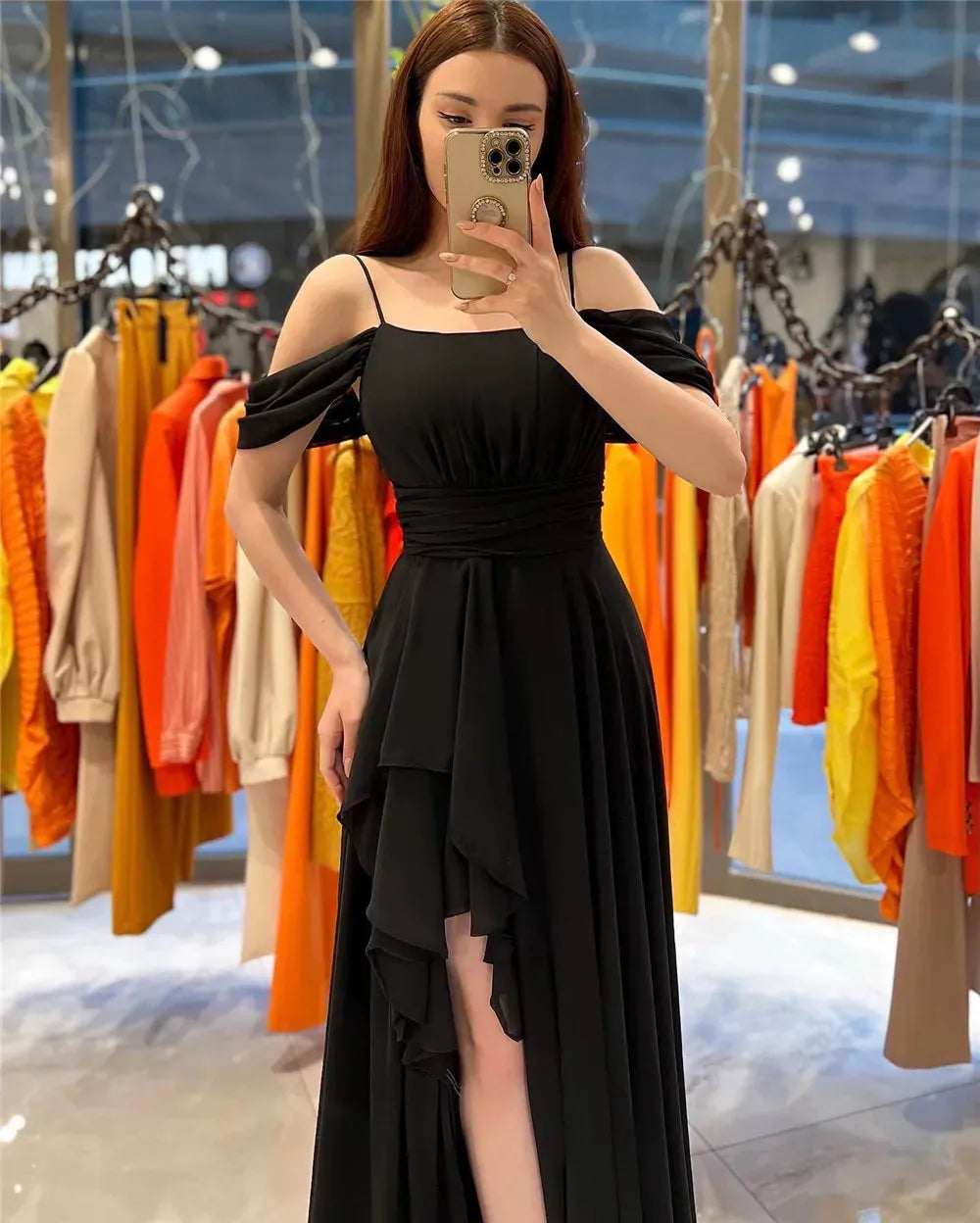 Elegant Chiffon Evening Dresses Spaghetti Strap Off The Shoulder Pleat Ruched Middle Slit Prom Dresses for women Black