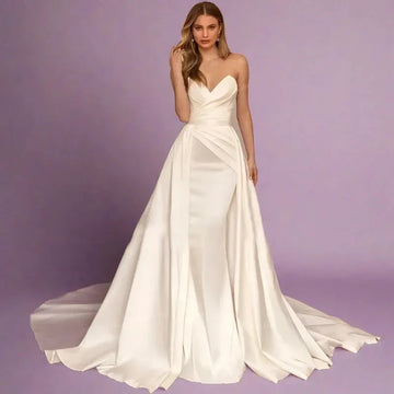 Simple Wedding Dresses Women's Mermaid Sexy Sleeveless Detachable Sweep Train Bridal Gowns Formal Satin Vestidos De Fiesta As Picture