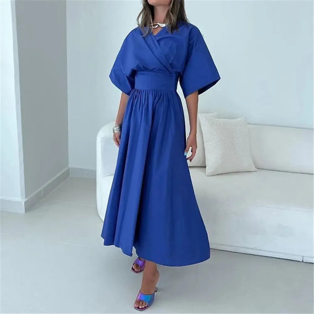 Simple Royal Blue Saudi Arabic Evening Dress V-Neck Pleated A-Line Ankle Length Prom Dresses Blue