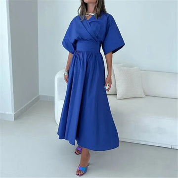 Simple Royal Blue Saudi Arabic Evening Dress V-Neck Pleated A-Line Ankle Length Prom Dresses Blue