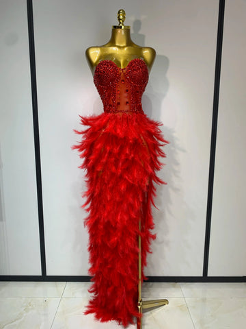 Sparkly Rhinestone Feather Mesh Long Dress Women Sexy Elegant Evening Party Luxury Birthday Photo Shoot Performance Costume Red