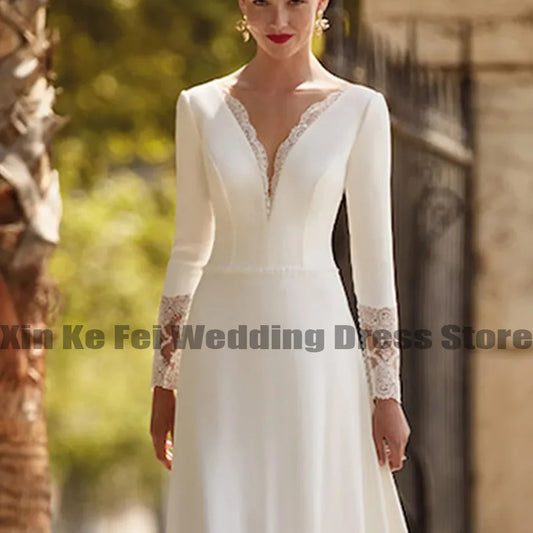 Gorgeous Women's Sexy V-Neck Bridal Dresses Long Sleeve Lace Applique Chiffon Open Back Wedding Welcome Guest Gowns 2023 Vestido